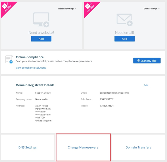 The option for Changing Nameservers in the Control Panel