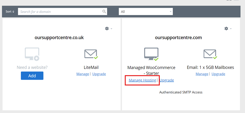 An image showing the Manage Hosting button for the Manged WooCommerce package