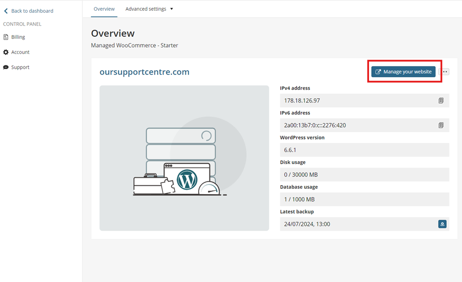 An image showing the Manage your website button from within the Hosting Overview page