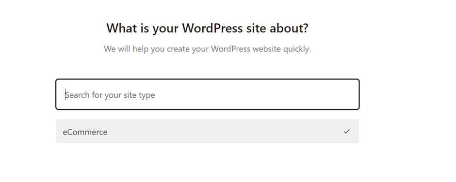 An image showing the "What is your WordPress site about?" selector