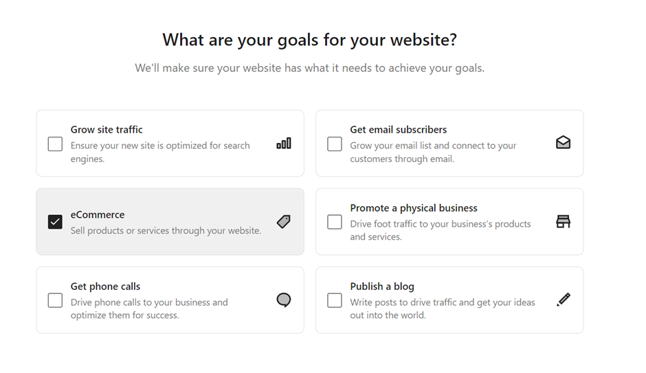 An image showing the user selecting the goals for their website