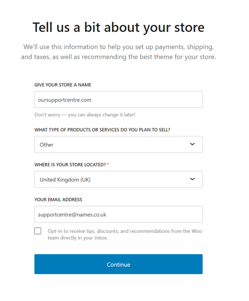 An image showing the "Tell us a bit about your store" page